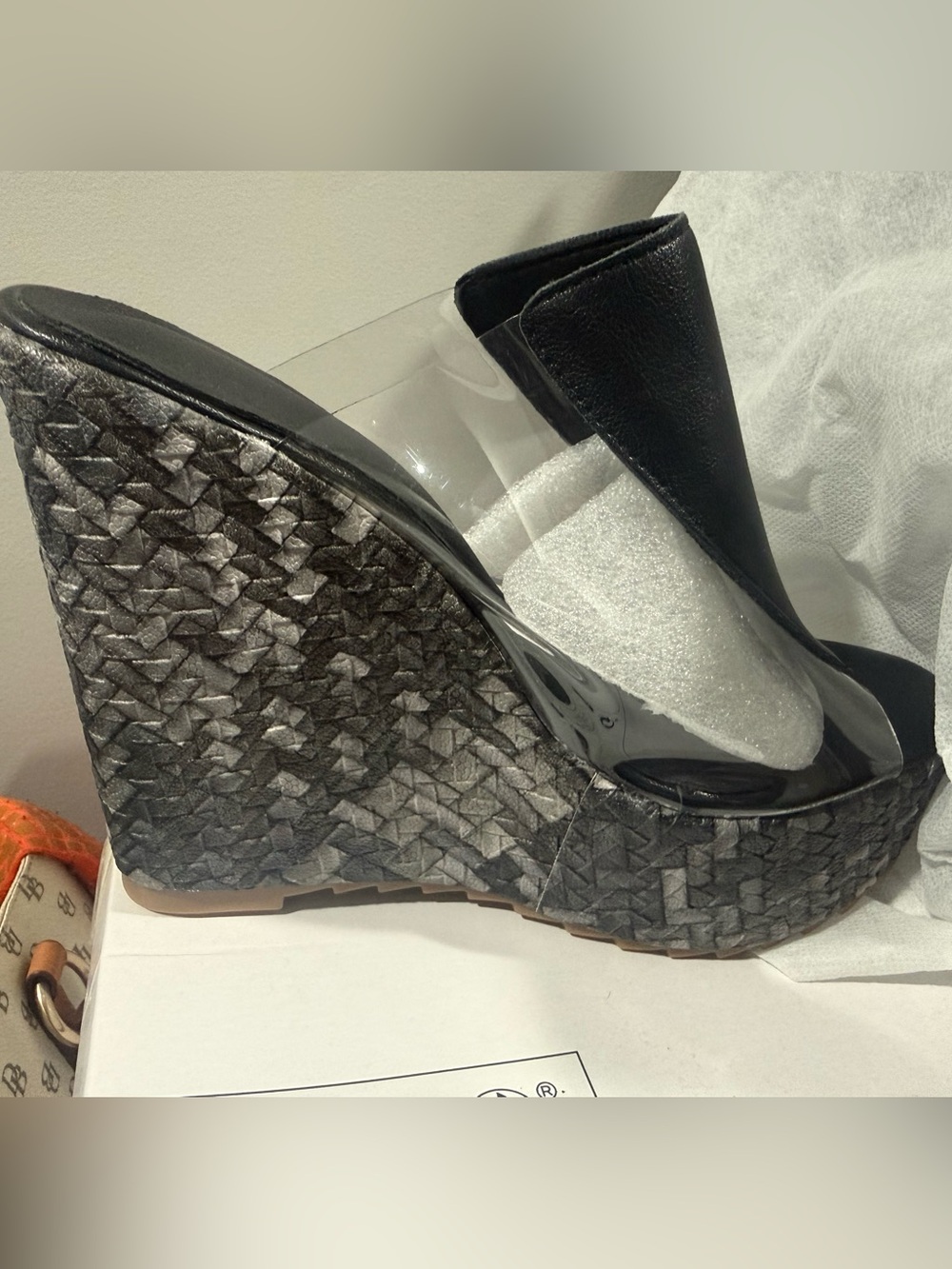 SHEIN Black & White Geometric Platform Wedge Slides